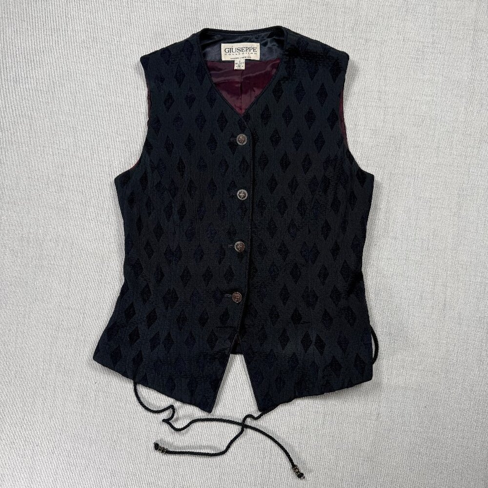 Vintage Giuseppe Vest Black Velvet Diamond Pattern Button Up USA Made Size S